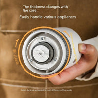 OptiLair portable electric coffee grinder with adjustable ceramic burr core for precise grind thickness control.