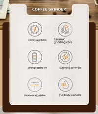 OptiLair portable electric coffee grinder features with ceramic core, adjustable thickness, and rechargeable battery.