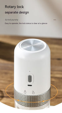 OptiLair portable electric coffee grinder in white with a rotary lock design and Type-C charging port.