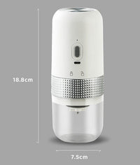 OptiLair portable electric coffee grinder in white with a textured silver grip and clear powder silo, 18.8cm tall.