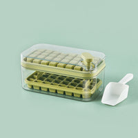 OptiLair green one-button press ice cube tray with storage box, lid, and scoop for easy kitchen ice production.