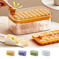 OptiLair yellow one-button press ice cube tray with storage box, lid, and scoop for easy kitchen ice production.