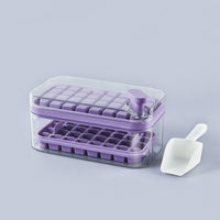 OptiLair purple double-layer ice cube tray with one-touch press release, clear storage box, lid, and ice shovel.