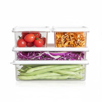 OptiLair clear stackable food storage containers filled with fresh vegetables, featuring white airtight lids.